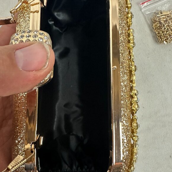 Gold Rhinestone Evening Clutch Purse With Detachable Chain Strap & Snap Closure - Picture 3 of 3